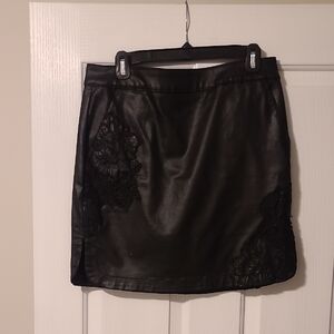 White House Black Market Black Mini Vegan Leather Skirt with Lace Accents